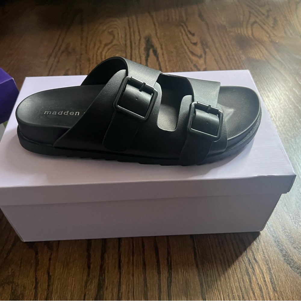 double buckle, Steve Madden sandals, both pair, black and tan
